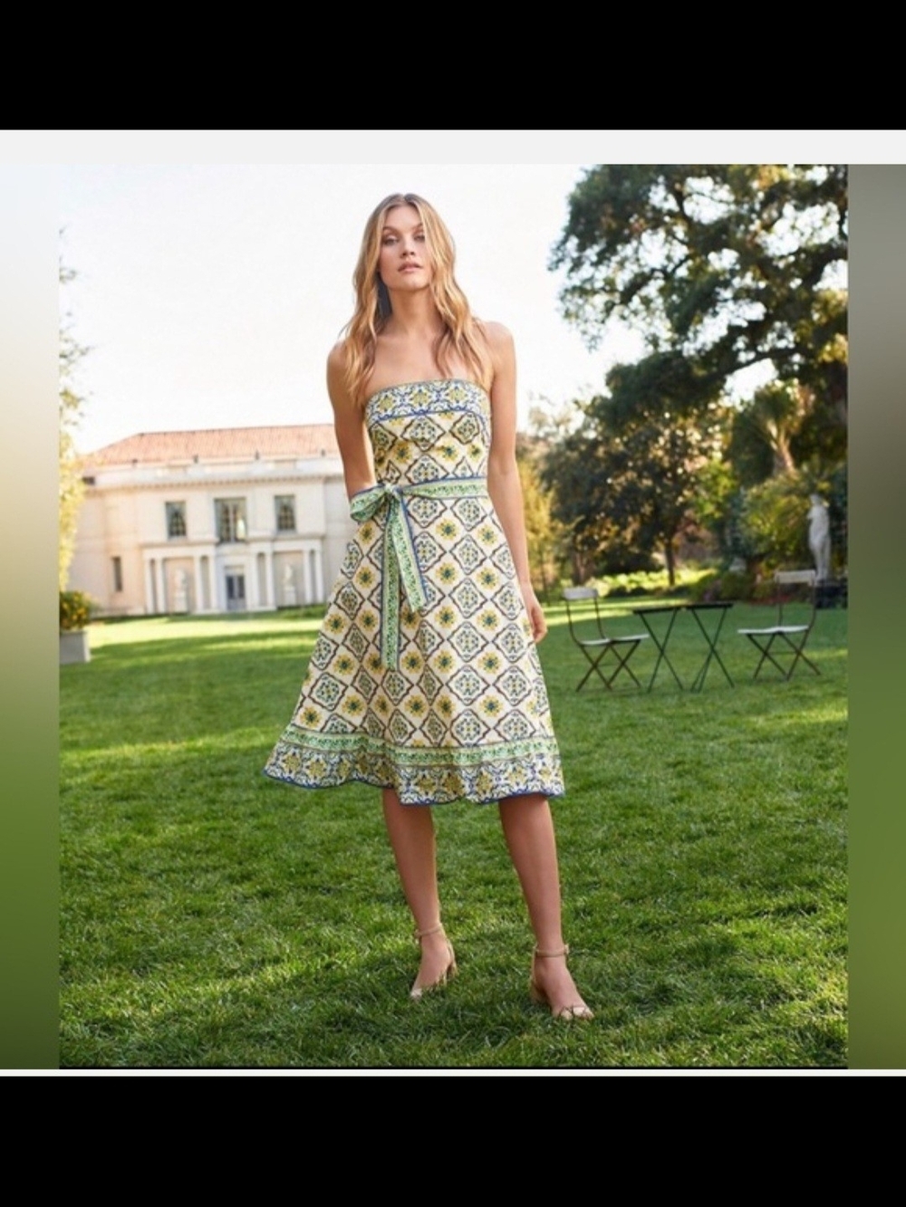 ANTONIO MELANI Strapless Tile-Print Midi Dress in Yellow and Green